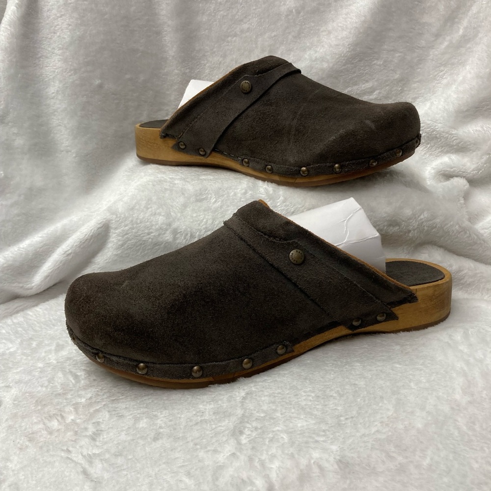 Sanita Brown Suede Clogs with Studded Trim